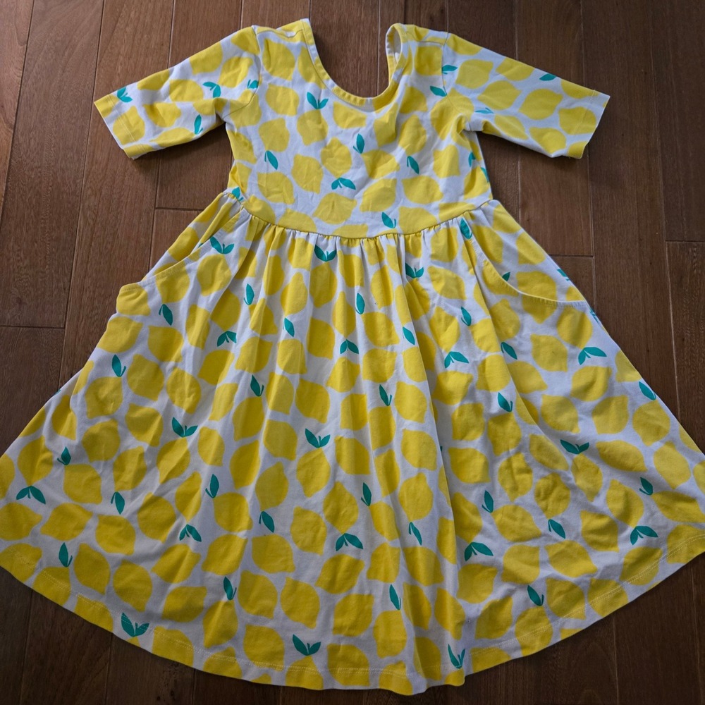 Hanna Andersson Girls Yellow Lemon Print Short Sleeve Pocket Play Dress Size 8